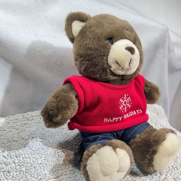 Lee Dungarees Jeans Happy Holidays Teddy Bear 12" x 10" Red Sweater Plush Soft - Picture 5 of 13